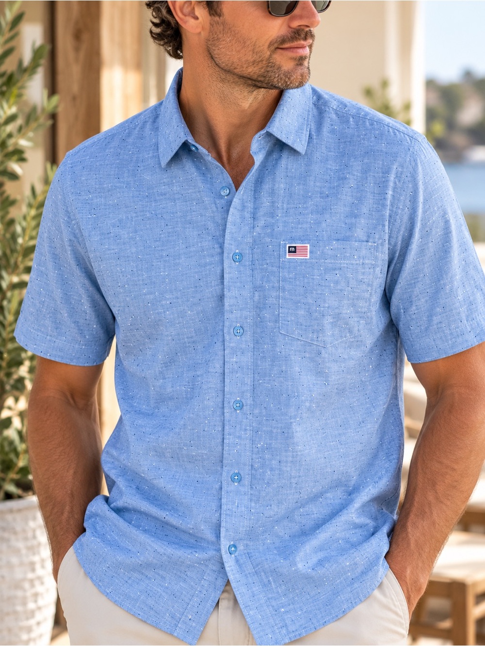 TravisMathew Flecked Chambray Short Sleeve Button Down Shirt Men’s L #918